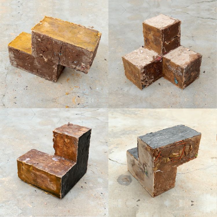 Click the image for a view of: Trob Concept Object set 02 (variants 5 - 8). 2014. Clay, trash, sand, beeswax, candle wax, wax crayon, linseed oil, polyester resin. Dimensions variable